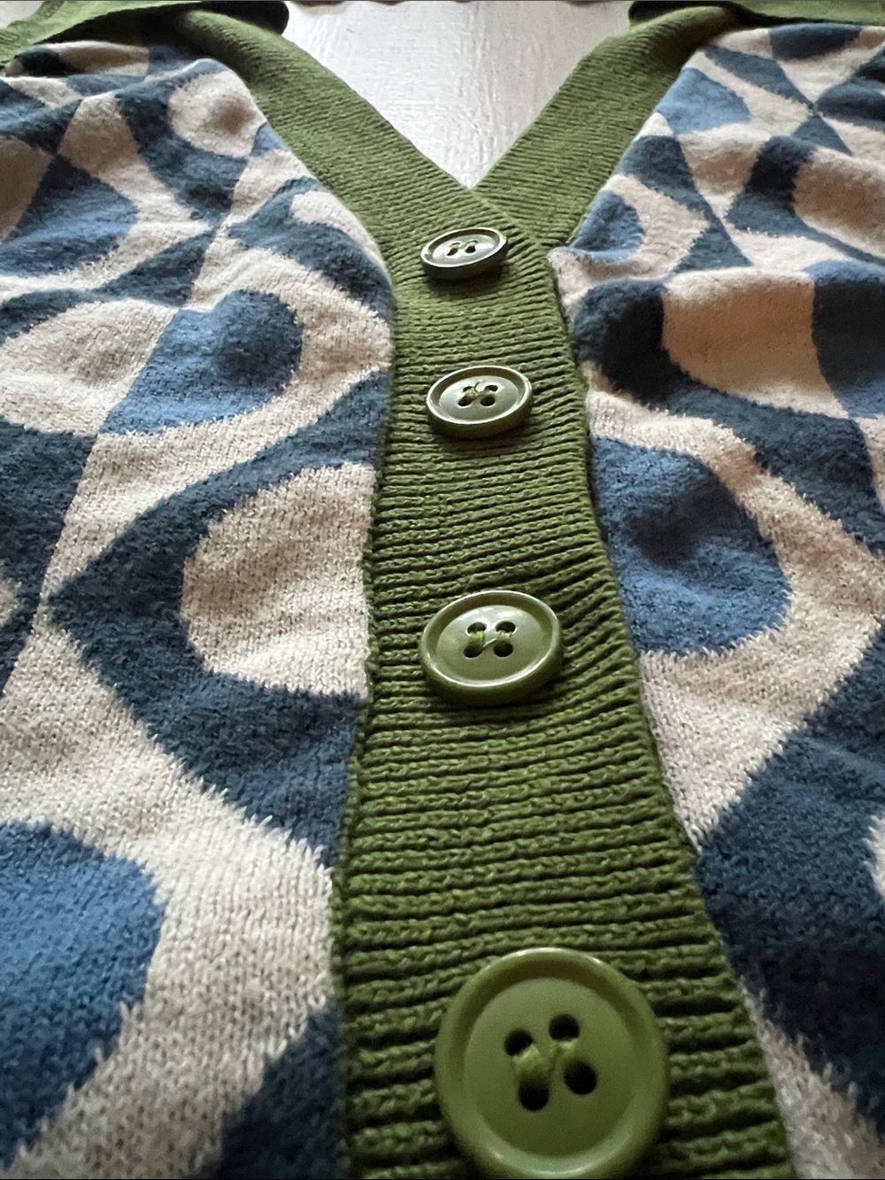 OxKnit Geometric Knit Button-Front Halter Top in Green and Blue - Picture 2 of 3